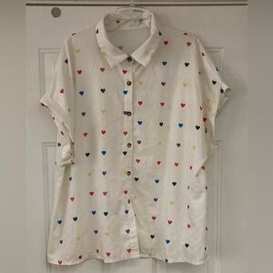 💖💛💜♥️💙💚🧡SHEIN Multicolor Heart Button Down Collard and Folded Sleeve Blouse